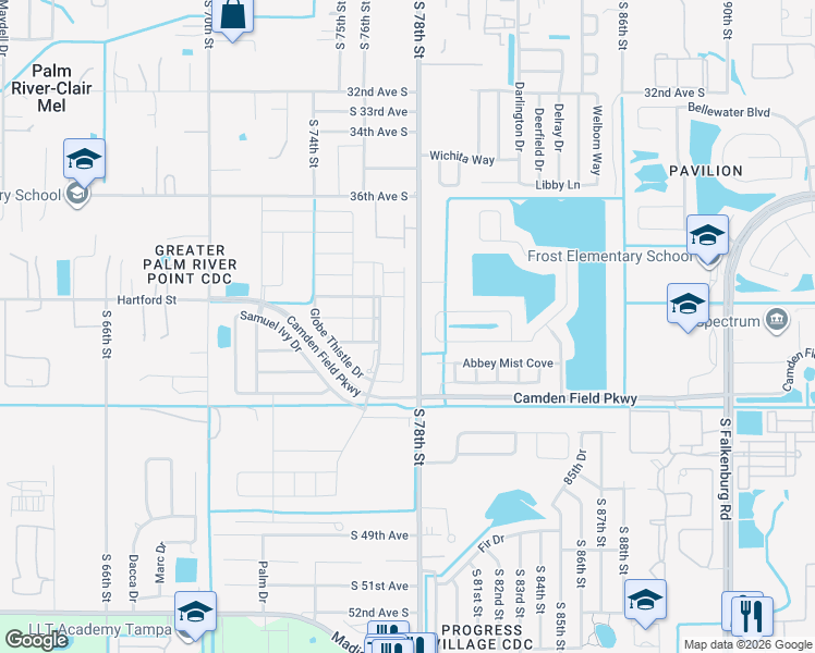 map of restaurants, bars, coffee shops, grocery stores, and more near 4505 Globe Thistle Drive in Tampa