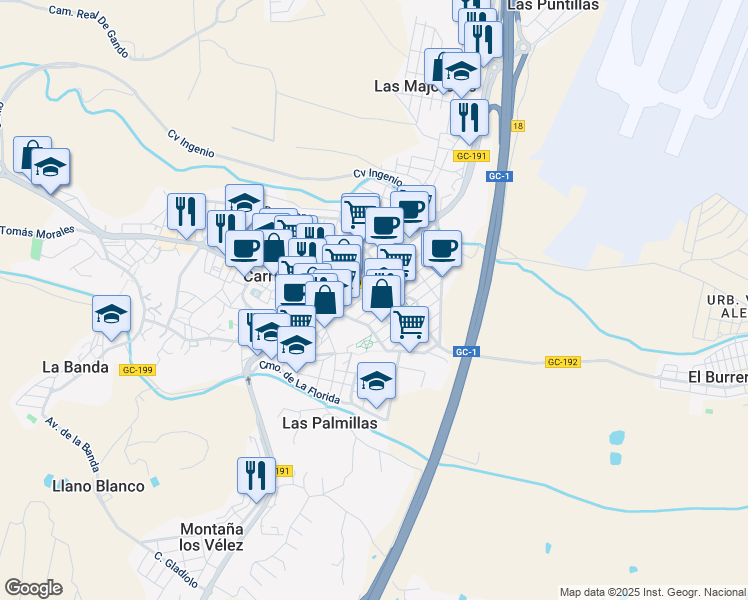 map of restaurants, bars, coffee shops, grocery stores, and more near in Ingenio