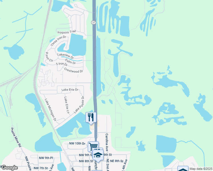 map of restaurants, bars, coffee shops, grocery stores, and more near 315 Harbour Way in Mulberry