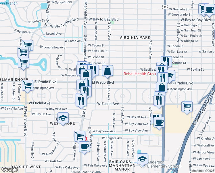 map of restaurants, bars, coffee shops, grocery stores, and more near 4212 West Kensington Avenue in Tampa