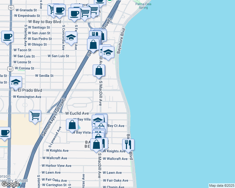 map of restaurants, bars, coffee shops, grocery stores, and more near 3507 Bayshore Boulevard in Tampa