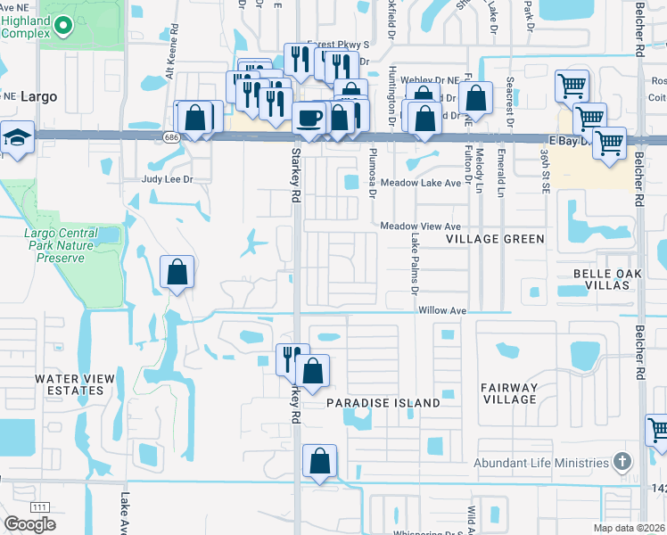 map of restaurants, bars, coffee shops, grocery stores, and more near 301 Starkey Road in Largo