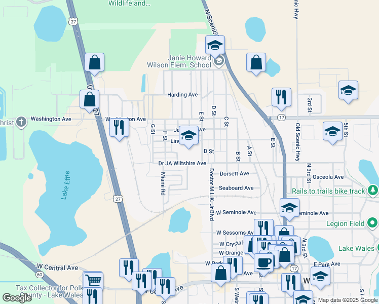 map of restaurants, bars, coffee shops, grocery stores, and more near 115 E Street in Lake Wales