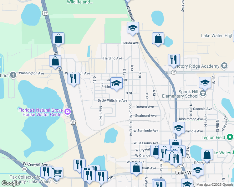map of restaurants, bars, coffee shops, grocery stores, and more near 115 E Street in Lake Wales