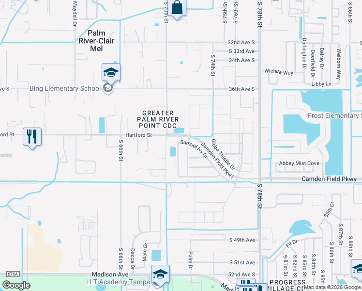 map of restaurants, bars, coffee shops, grocery stores, and more near 7157 Samuel Ivy Drive in Tampa