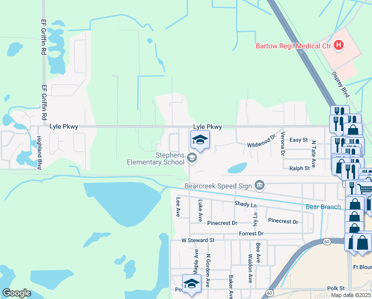 map of restaurants, bars, coffee shops, grocery stores, and more near 1480 Ansley Avenue in Bartow