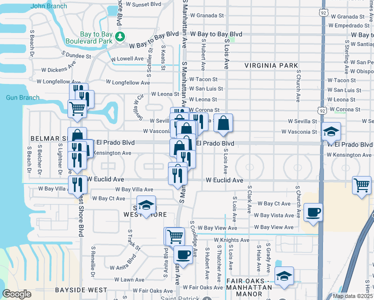 map of restaurants, bars, coffee shops, grocery stores, and more near 3601 South Manhattan Avenue in Tampa