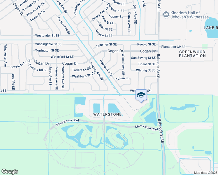 map of restaurants, bars, coffee shops, grocery stores, and more near 1384 Torgerson Road Southeast in Palm Bay