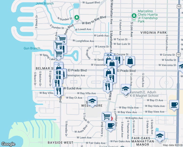 map of restaurants, bars, coffee shops, grocery stores, and more near 3603 South Hesperides Street in Tampa