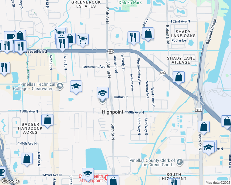 map of restaurants, bars, coffee shops, grocery stores, and more near 15181 Harding Avenue in Clearwater