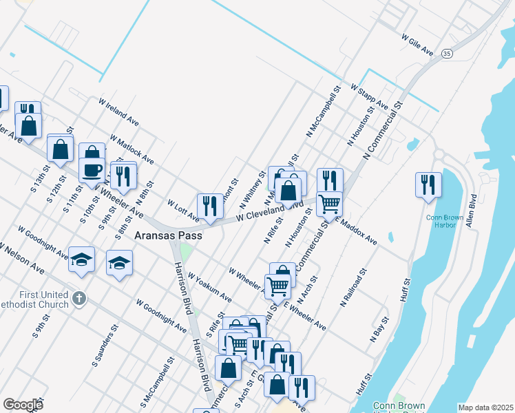 map of restaurants, bars, coffee shops, grocery stores, and more near 321 West Cleveland Boulevard in Aransas Pass