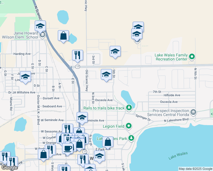 map of restaurants, bars, coffee shops, grocery stores, and more near 321 Doctor JA Wiltshire Avenue in Lake Wales