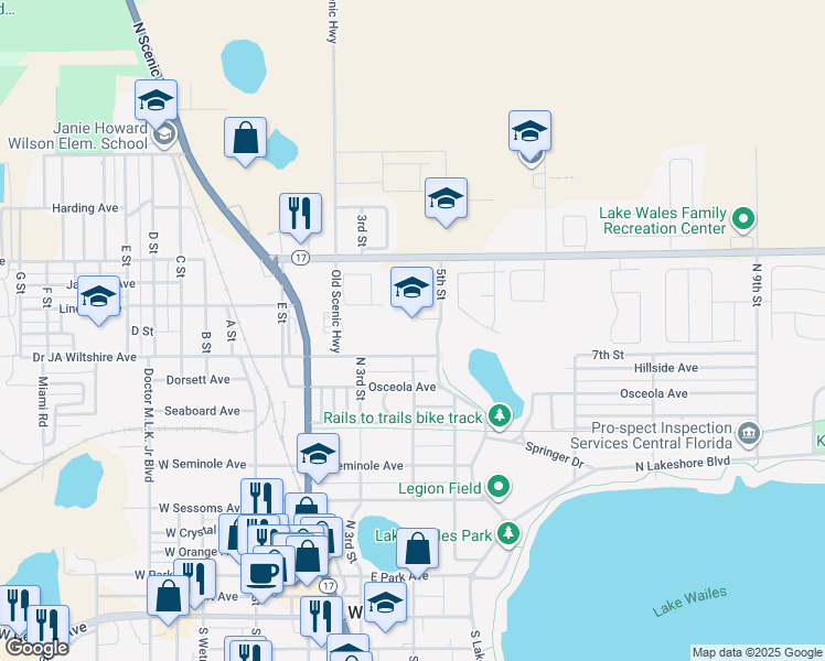 map of restaurants, bars, coffee shops, grocery stores, and more near 321 Doctor JA Wiltshire Avenue in Lake Wales