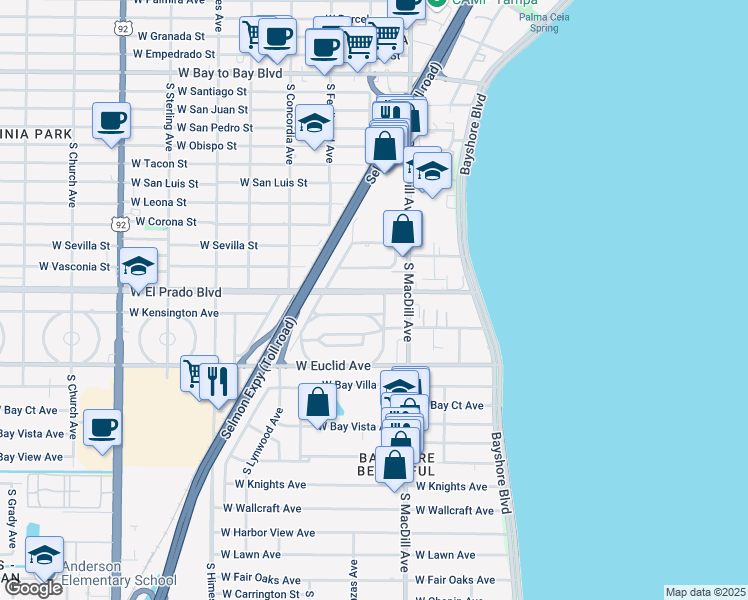 map of restaurants, bars, coffee shops, grocery stores, and more near 3114 West Kensington Avenue in Tampa