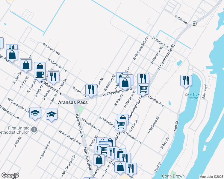 map of restaurants, bars, coffee shops, grocery stores, and more near 321 West Cleveland Boulevard in Aransas Pass