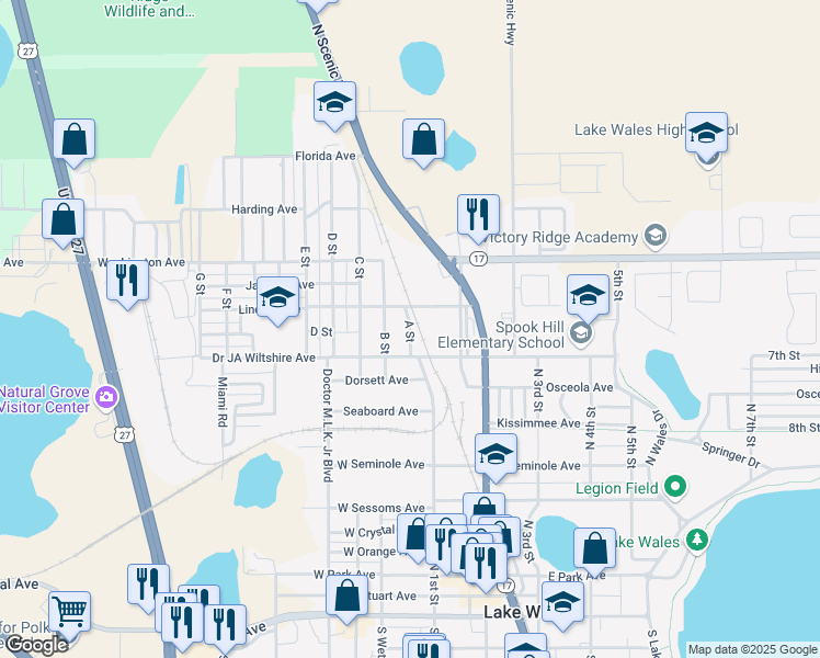 map of restaurants, bars, coffee shops, grocery stores, and more near 108 A Street in Lake Wales