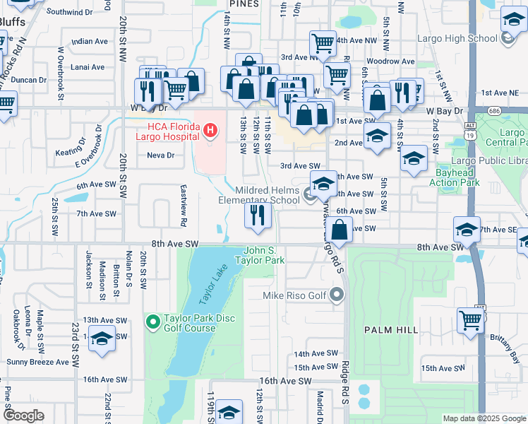 map of restaurants, bars, coffee shops, grocery stores, and more near 1150 8th Avenue Southwest in Largo