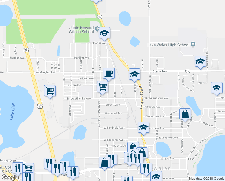 map of restaurants, bars, coffee shops, grocery stores, and more near 115 C Street in Lake Wales