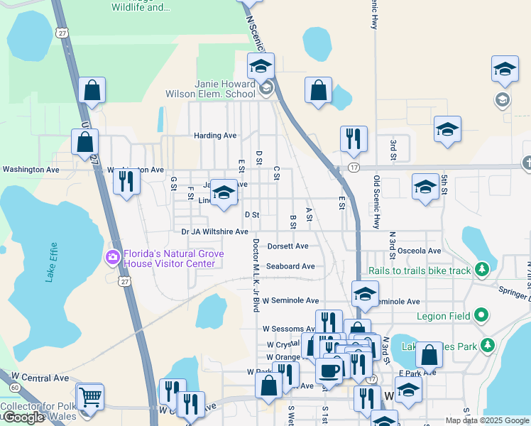 map of restaurants, bars, coffee shops, grocery stores, and more near 115 C Street in Lake Wales