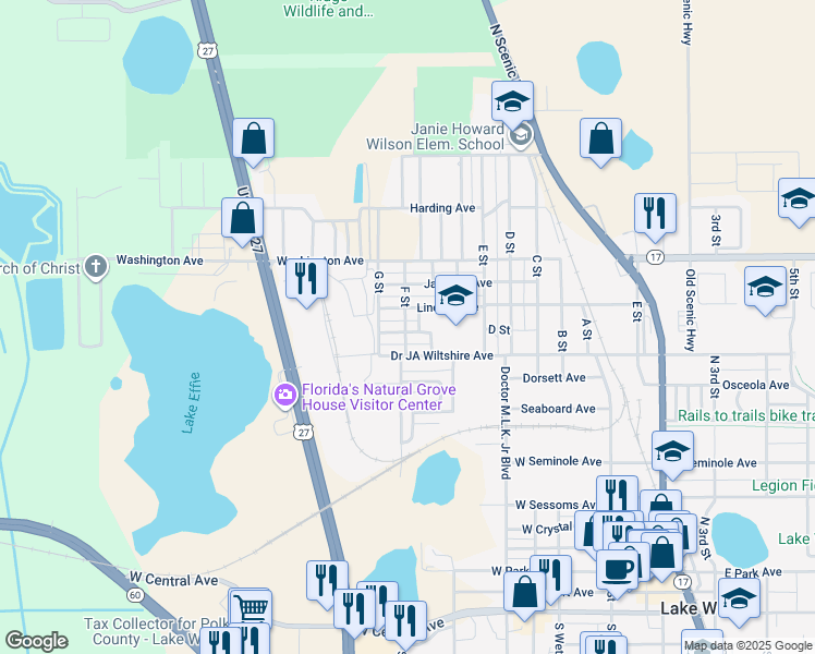 map of restaurants, bars, coffee shops, grocery stores, and more near 610 Doctor JA Wiltshire Avenue in Lake Wales