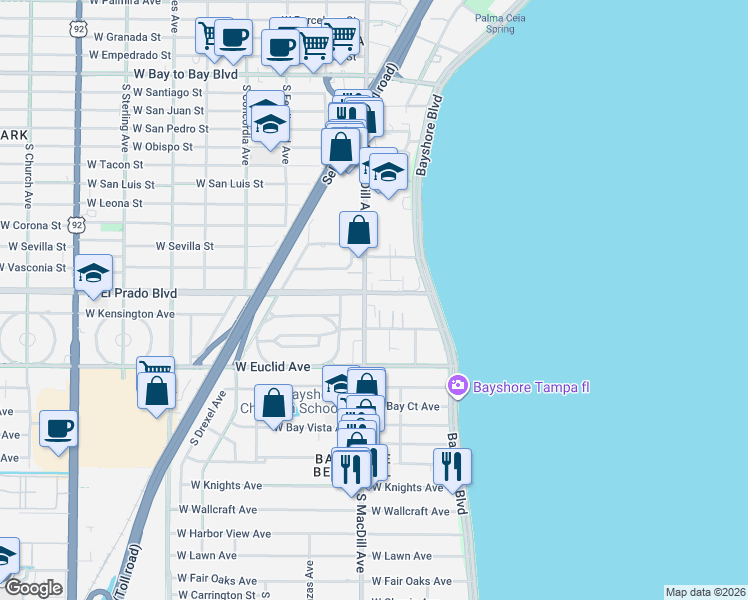 map of restaurants, bars, coffee shops, grocery stores, and more near 3101 West Waverly Avenue in Tampa