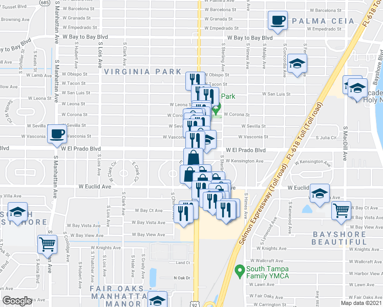 map of restaurants, bars, coffee shops, grocery stores, and more near 3608 South Dale Mabry Highway in Tampa