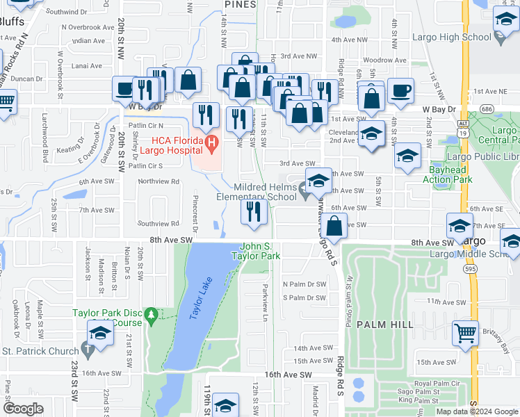 map of restaurants, bars, coffee shops, grocery stores, and more near 1150 8th Avenue Southwest in Largo