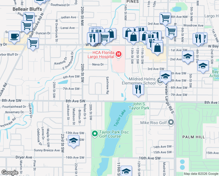 map of restaurants, bars, coffee shops, grocery stores, and more near 698 Pinecrest Drive in Largo
