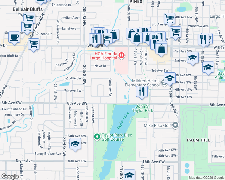 map of restaurants, bars, coffee shops, grocery stores, and more near 698 Pinecrest Drive in Largo
