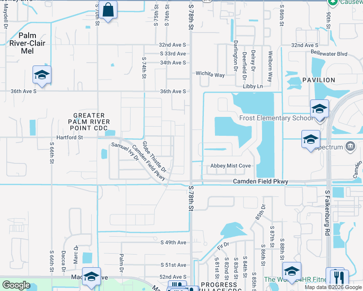 map of restaurants, bars, coffee shops, grocery stores, and more near 4456 Globe Thistle Drive in Tampa