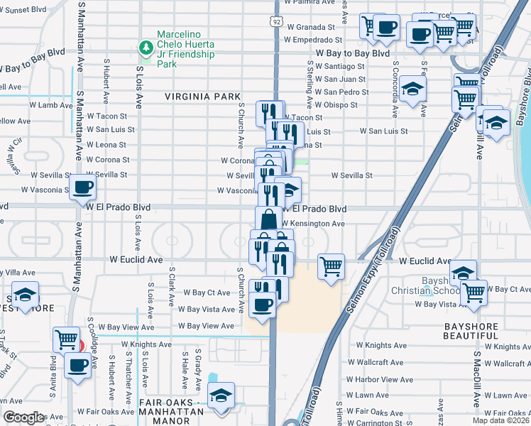 map of restaurants, bars, coffee shops, grocery stores, and more near 3608 South Dale Mabry Highway in Tampa