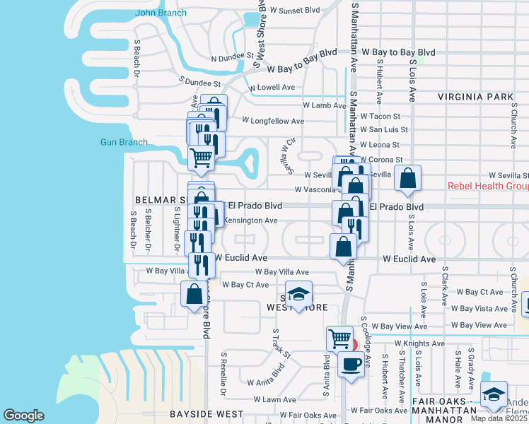 map of restaurants, bars, coffee shops, grocery stores, and more near 4629 West El Prado Boulevard in Tampa
