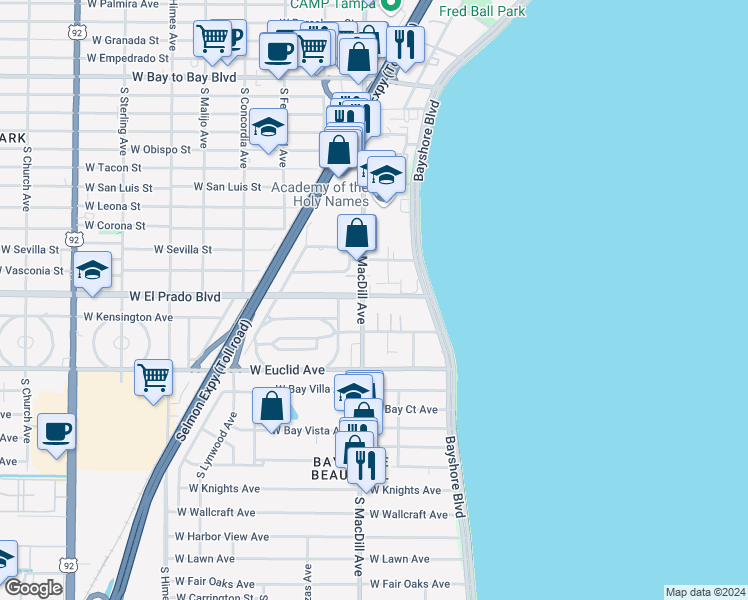 map of restaurants, bars, coffee shops, grocery stores, and more near 3421 South Carter Street in Tampa