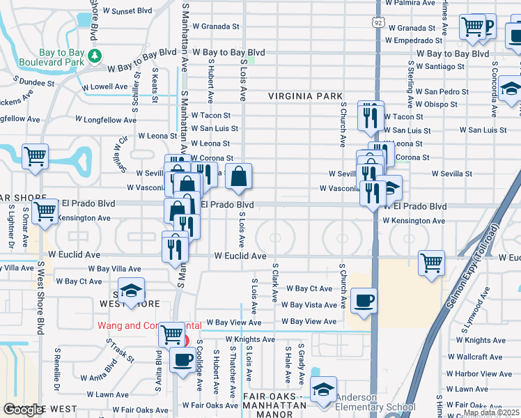 map of restaurants, bars, coffee shops, grocery stores, and more near 4115 West El Prado Boulevard in Tampa