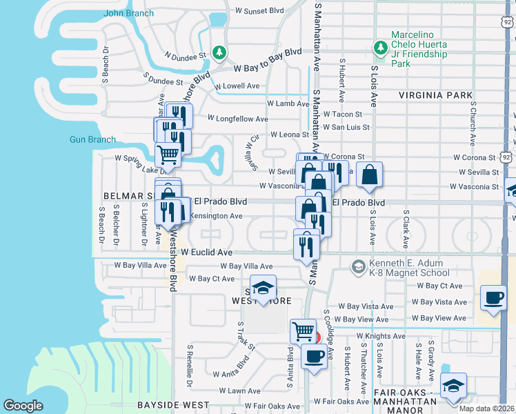map of restaurants, bars, coffee shops, grocery stores, and more near 4605 West El Prado Boulevard in Tampa