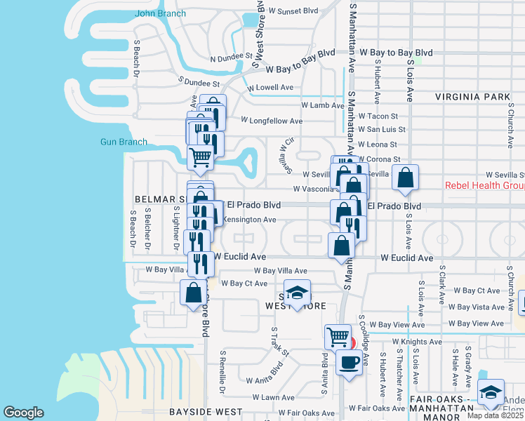 map of restaurants, bars, coffee shops, grocery stores, and more near 4629 West El Prado Boulevard in Tampa