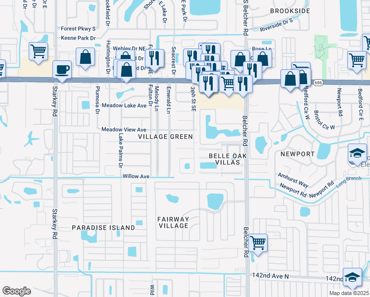 map of restaurants, bars, coffee shops, grocery stores, and more near 3597 Dahlia Place in Largo