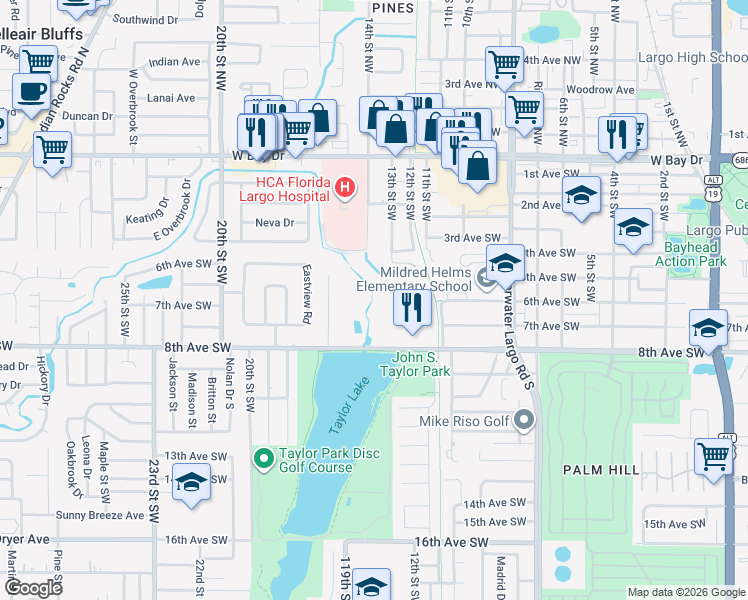 map of restaurants, bars, coffee shops, grocery stores, and more near 549 Pinecrest Drive in Largo
