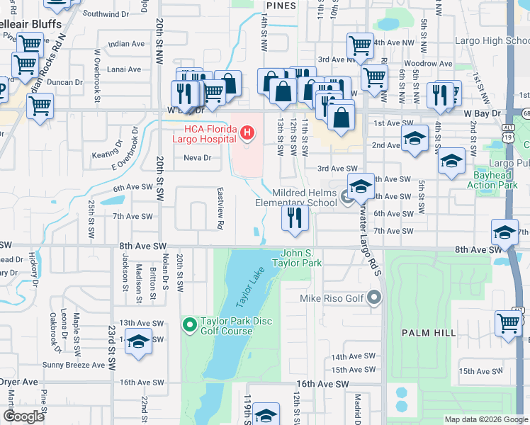 map of restaurants, bars, coffee shops, grocery stores, and more near 549 Pinecrest Drive in Largo