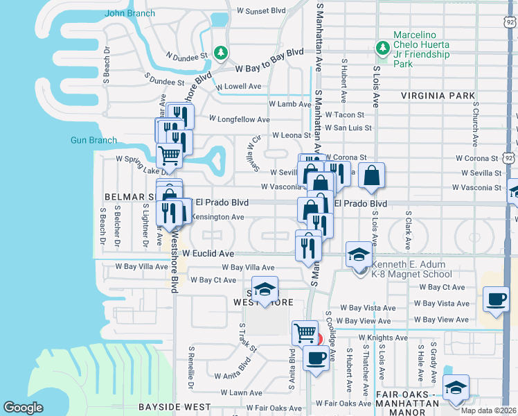 map of restaurants, bars, coffee shops, grocery stores, and more near 4608 West El Prado Boulevard in Tampa