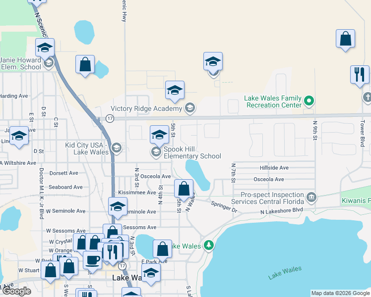 map of restaurants, bars, coffee shops, grocery stores, and more near 703 Greenbrough Drive in Lake Wales