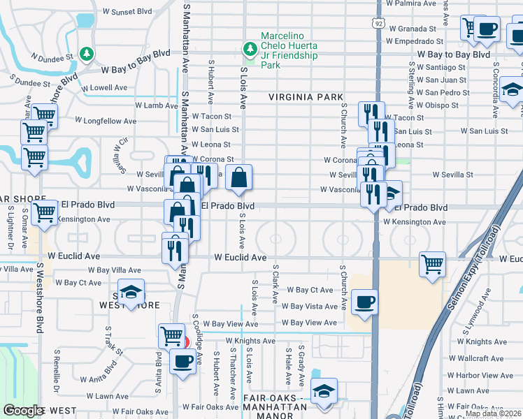 map of restaurants, bars, coffee shops, grocery stores, and more near 4115 West El Prado Boulevard in Tampa