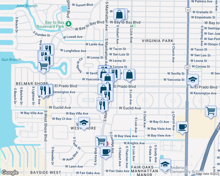map of restaurants, bars, coffee shops, grocery stores, and more near 3423 South Manhattan Avenue in Tampa