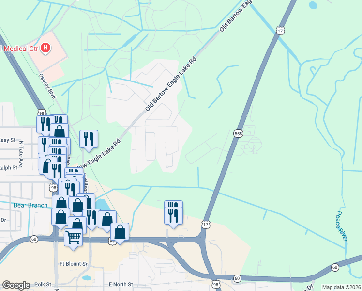 map of restaurants, bars, coffee shops, grocery stores, and more near 1640 Taylor Road in Bartow