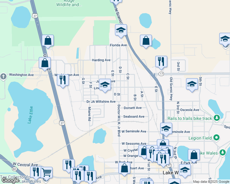 map of restaurants, bars, coffee shops, grocery stores, and more near 406 Lincoln Avenue in Lake Wales