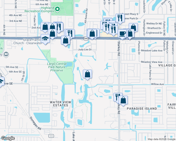 map of restaurants, bars, coffee shops, grocery stores, and more near 53 Countryclub Drive in Largo