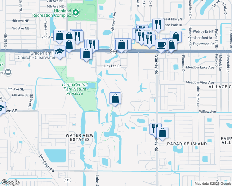 map of restaurants, bars, coffee shops, grocery stores, and more near 53 Countryclub Drive in Largo