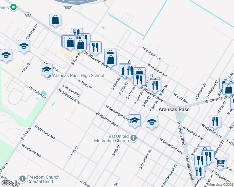 map of restaurants, bars, coffee shops, grocery stores, and more near 1315 West Yoakum Avenue in Aransas Pass