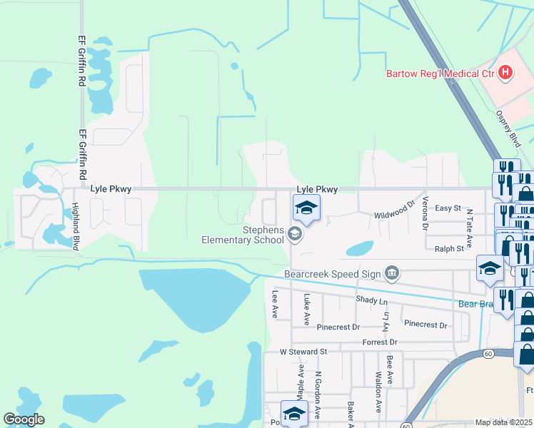 map of restaurants, bars, coffee shops, grocery stores, and more near 1586 Caroline Court in Bartow