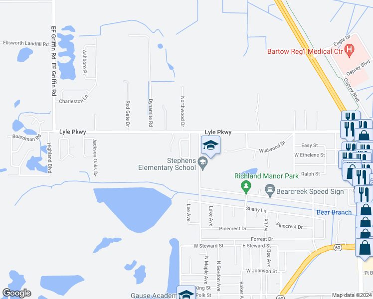 map of restaurants, bars, coffee shops, grocery stores, and more near 1575 Ansley Avenue in Bartow